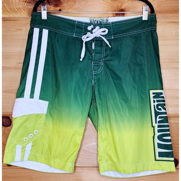 Mountain Dew Mens 30 Shorts Waist Green Swim Trunks Logo Drawstring Baordshorts - Picture 1 of 16